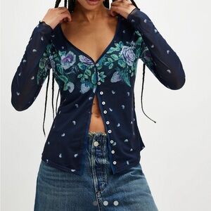 NWT Free People Home Grown Navy Mesh Cardi, size medium SOLD OUT ONLINE